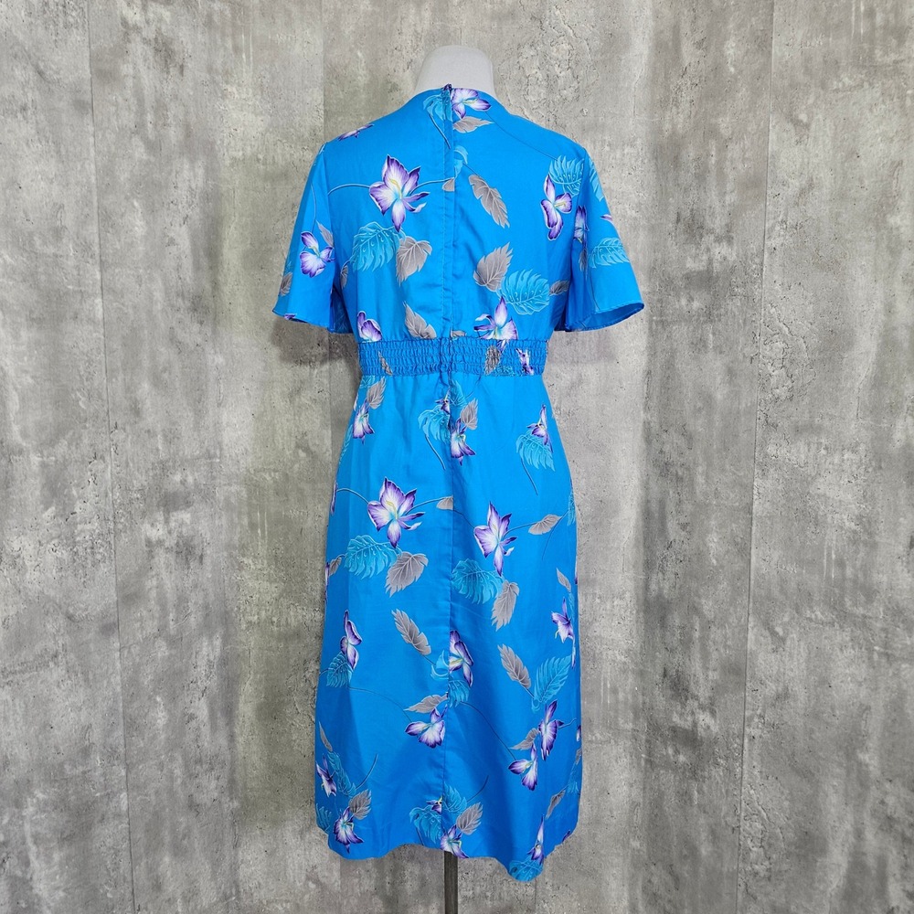 Vintage Darina Honolulu Hawaiian Dress Blue Floral Tropical Midi Made Hawaii - Picture 6 of 10
